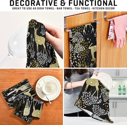 ALAZA Christmas Reindeer Gold Black Decorative Kitchen Dish Towels Set of 4, Soft Absorbent Kitchen Hand Towels, 18 x