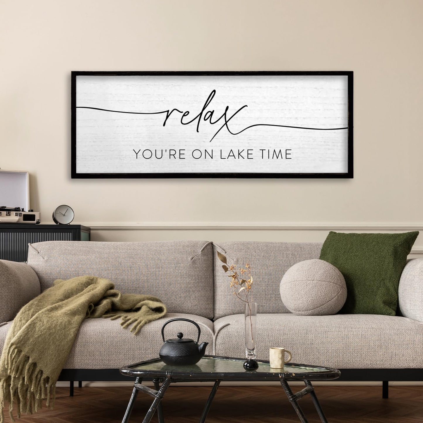 TQianJiang Relax You're On Lake Time Wall Decor 32"×12" Lakeside Quote Sign Lake House Decor for Living Room Bedroom Large Rustic Wooden Framed Wall Hanging Art (Black)