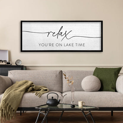 TQianJiang Relax You're On Lake Time Wall Decor 32"×12" Lakeside Quote Sign Lake House Decor for Living Room Bedroom Large Rustic Wooden Framed Wall Hanging Art (Black)