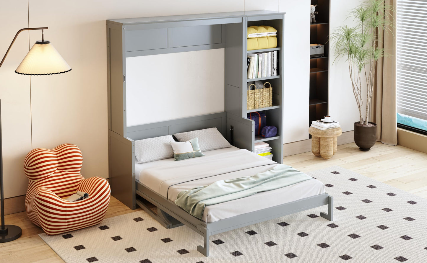 Ball & Cast Murphy Bed Chest Full Size,Hideaway Wall Bedframe with Desk and Bookshelf,Space Saving Cabinet Bed w/Shelf,Slat Support,can be Folded,Bedroom Furniture for Small Space,Gray