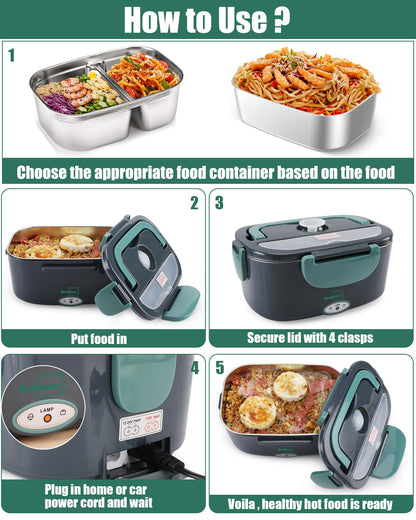Buddew Electric Lunch Box 80W Food Heater with Dual Container, Portable Lunch Warmer for Adults, Upgraded Heated Lunch Box for Car/Truck/Office (GREEN-Dual Container)