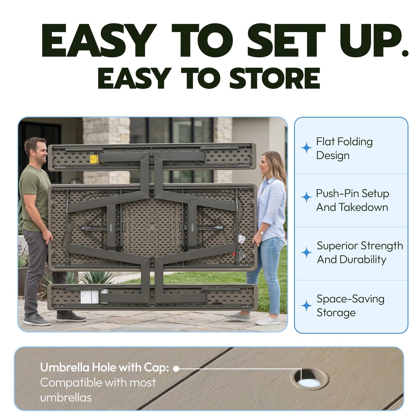 LIFETIME 6-Foot Folding Picnic Table with Benches, Seats 8, Heavy-Duty HDPE Tabletop, Steel Frame, Weather & UV Resistant Outdoor Picnic Table with Umbrella Hole