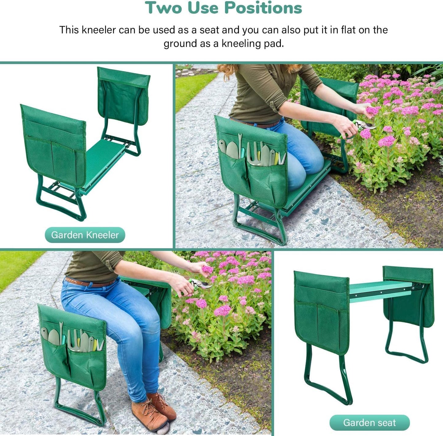 YSSOA New Garden Kneeler and Seat, with Sturdy Soft EVA Foam Pad, Hold Up to 330lb, Foldable Kneeling Bench, with 2 Tool Pouch for Gardening, Fishing, Camping, Green, Arbor Day Gift