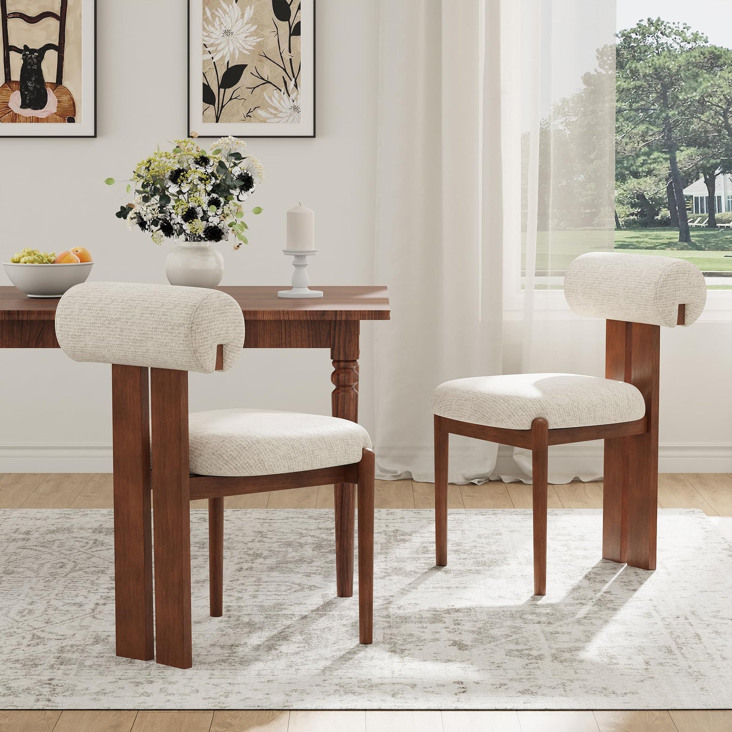 MALOL Modern Wooden Dining Chairs Set of 6, Upholstered Fabric Kitchen Chairs with Sculptural Backrest, Mid-Century Farmhouse Dining Room Chairs with Solid Wood Legs, Beige
