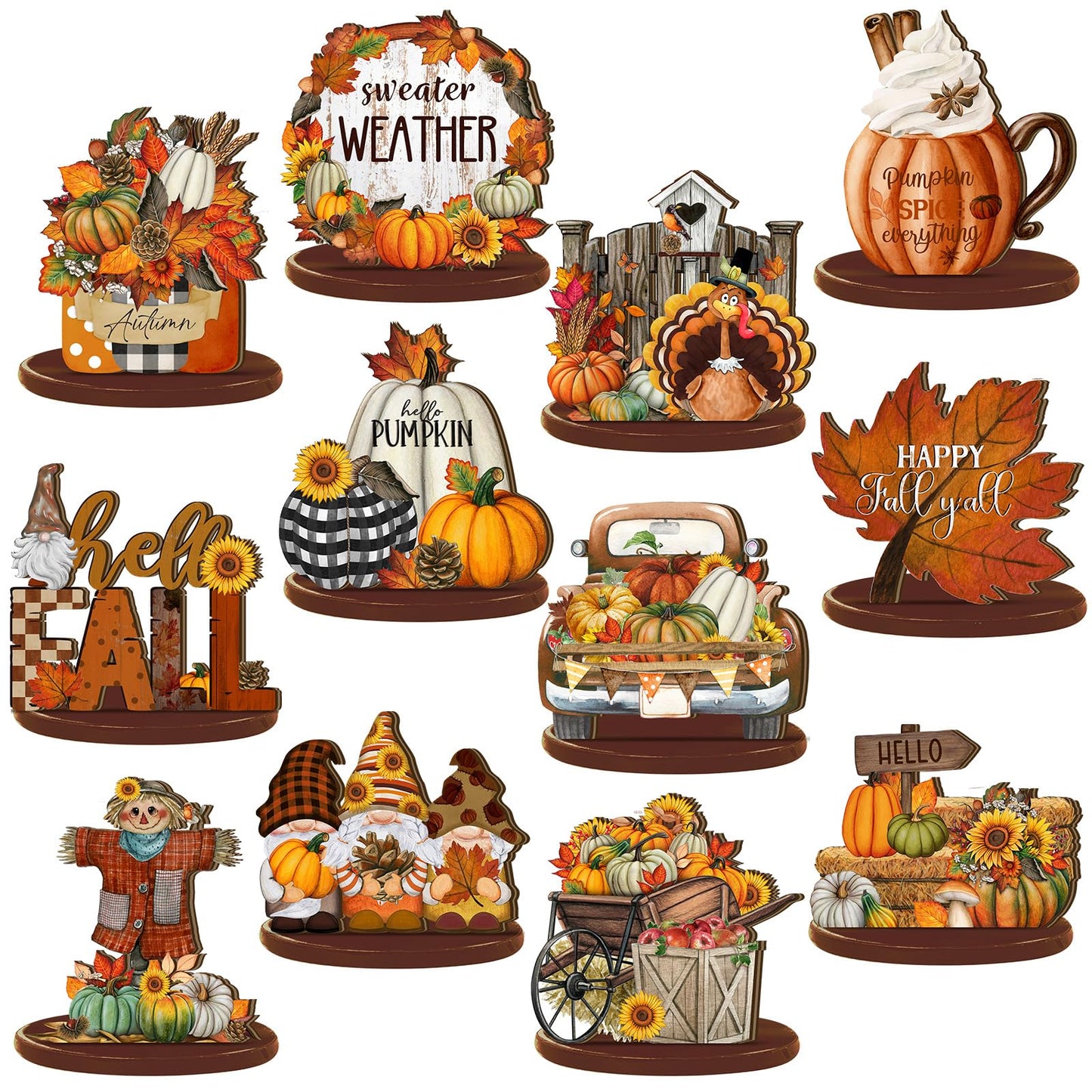 Leinuosen 12 Pcs Fall Table Decorations Thanksgiving Tiered Tray Decor Thanksgiving Centerpieces for Dinner Tables Autumn Gnome Maple Turkey Wooden Sign Fall Decor for Home Kitchen Shelf Farmhouse