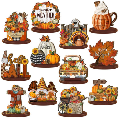 Leinuosen 12 Pcs Fall Table Decorations Thanksgiving Tiered Tray Decor Thanksgiving Centerpieces for Dinner Tables Autumn Gnome Maple Turkey Wooden Sign Fall Decor for Home Kitchen Shelf Farmhouse