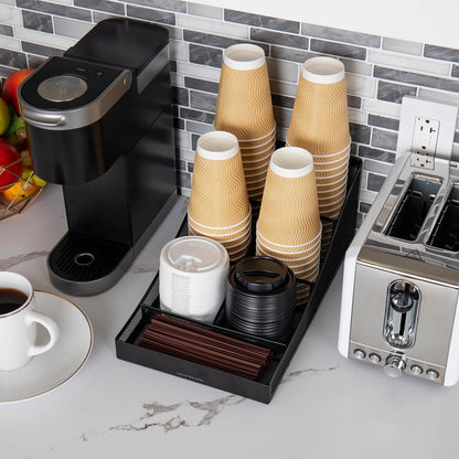 Mind Reader Black Cup and Condiment Station, Countertop Organizer for Coffee Bar, Metal Mesh 8.5"L x 14.5"W x 5.25"H