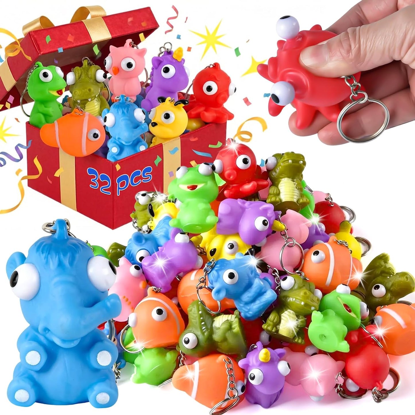 HOZUZER 32 Packs Squishy Toys Kids Party Favors - Popping Eyes Animal Keychains, Fidget Toys Bulk for Kids Birthday