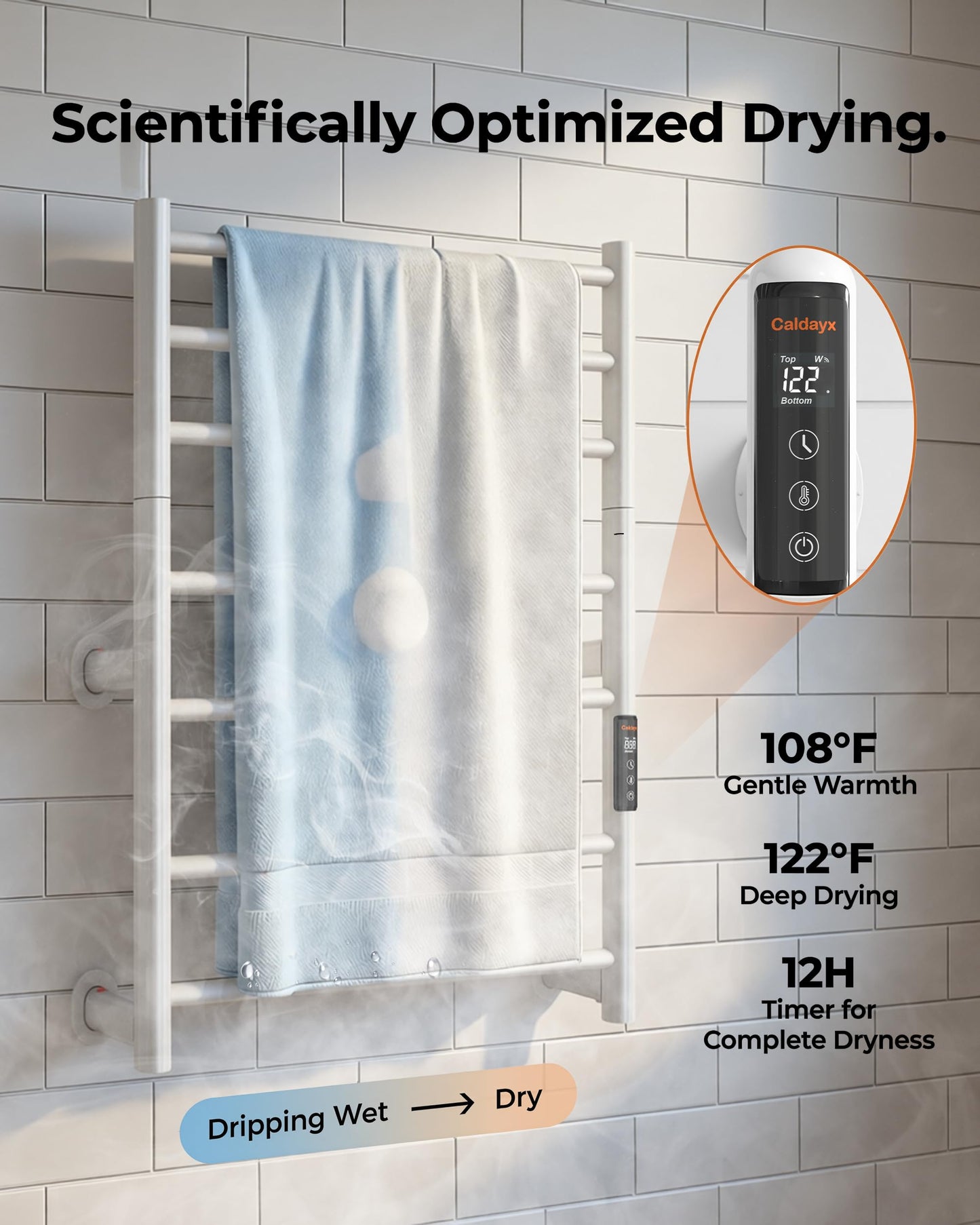 Caldayx Foldable Heated Towel Rack, Dual-Zone Electric Towel Warmer Rack with Timer, GFCI Plug-in or Hardwired, Wall-Mounted, Drill-Free Installation, Matte White, CA3-700X550-Standard-MW