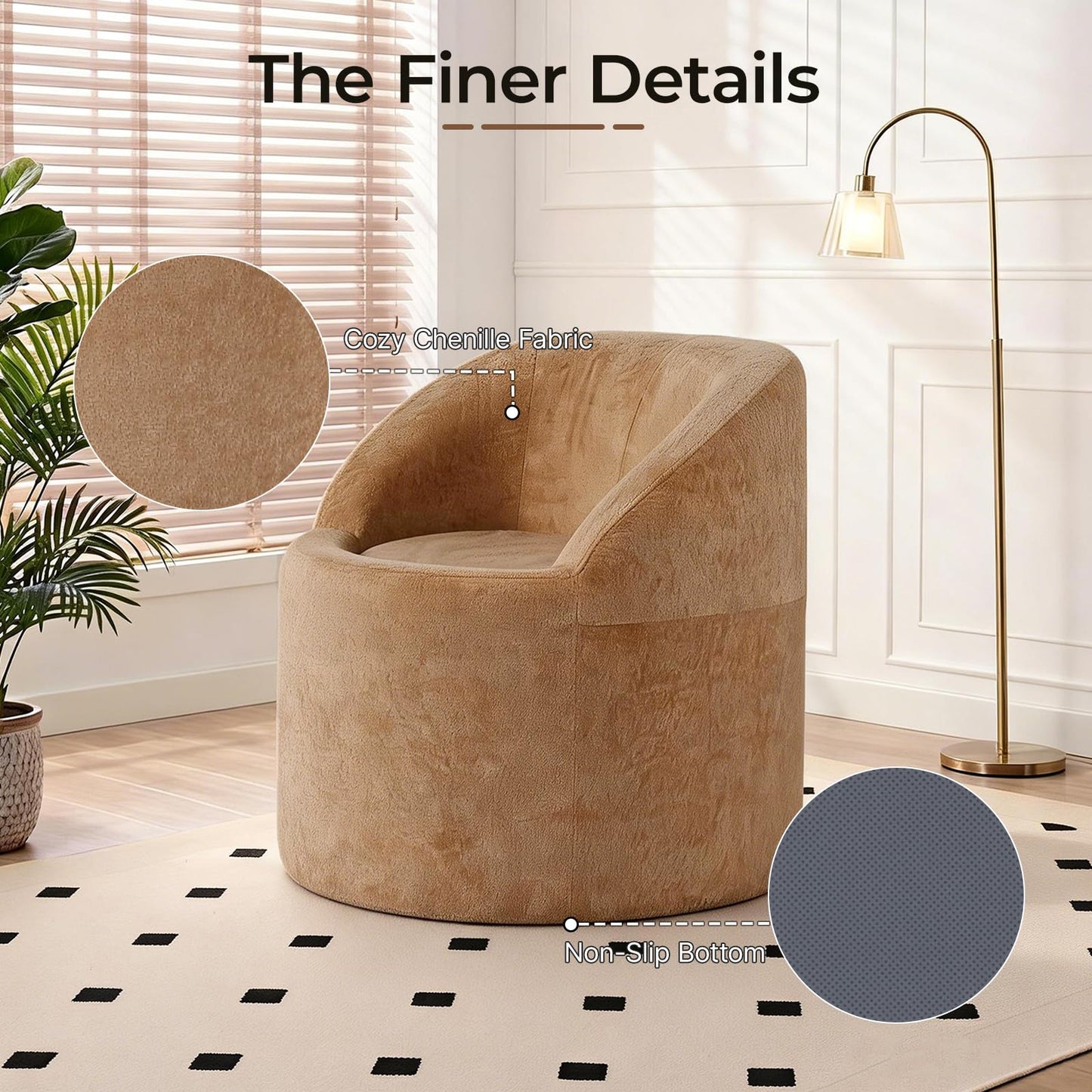 Barrel Accent Chair, Modern Chenille Reading Chair with Ergonomic Curved Back, Round Supportive Armchair for Living Room, Bedroom, Reading Corner & Office, No Assembly Required, Camel