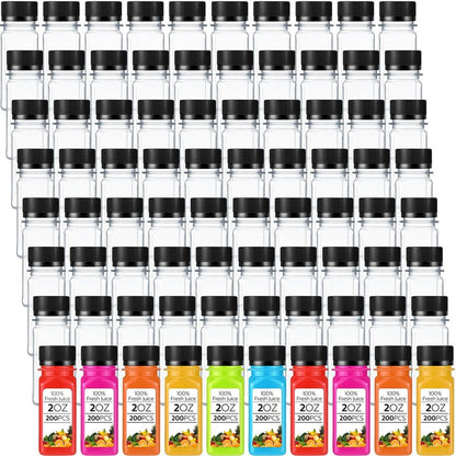 Sliner 200 Pcs 2oz Small Plastic Juice Bottles Ginger Juice Bottle with Lids Liquid Vial Reusable Clear Beverage Container with Lid, Freezer Safe, Leak Proof for Milk, Water(Black Lid)
