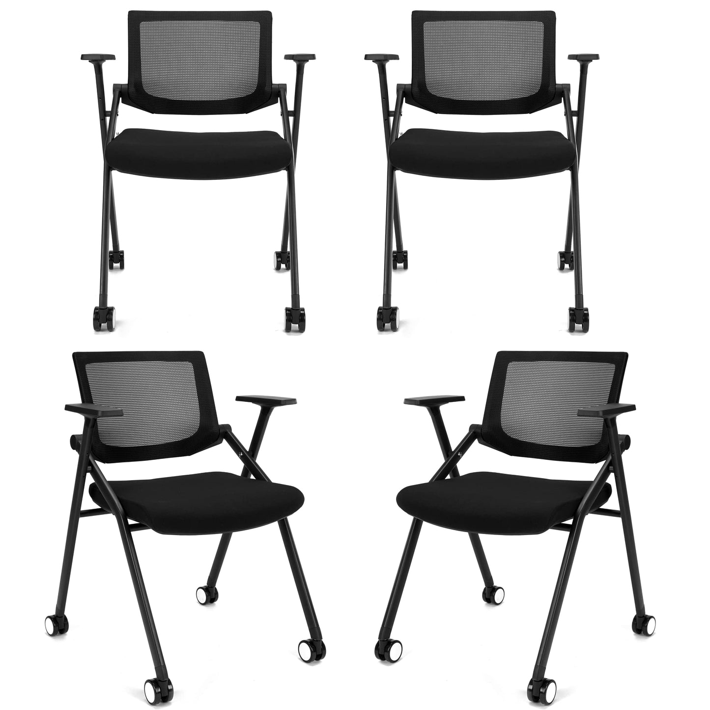 BROBRIYO, 4 Pack Stackable Conference Room Chairs with Wheels and Paddle, Ergonomic Mesh Back and Arms for Meeting, Conference, Reception, Training Room & Home Office Desk Folding Chairs (2 Boxes)