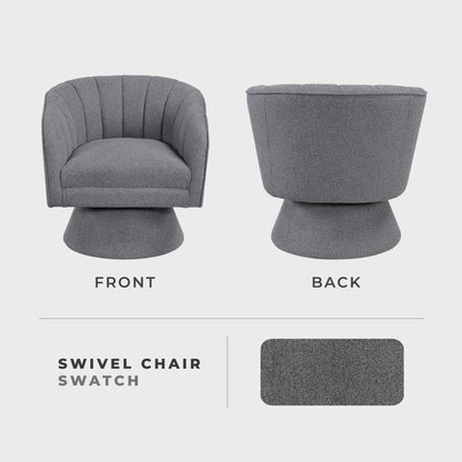 Lexicon Swivel Accent Chair, Boucle Fabric Upholstered Barrel Chair, Channel Stitched Details, Hidden Metal Swivel Seating for Living Room/Office/Apartment, Dark Gray