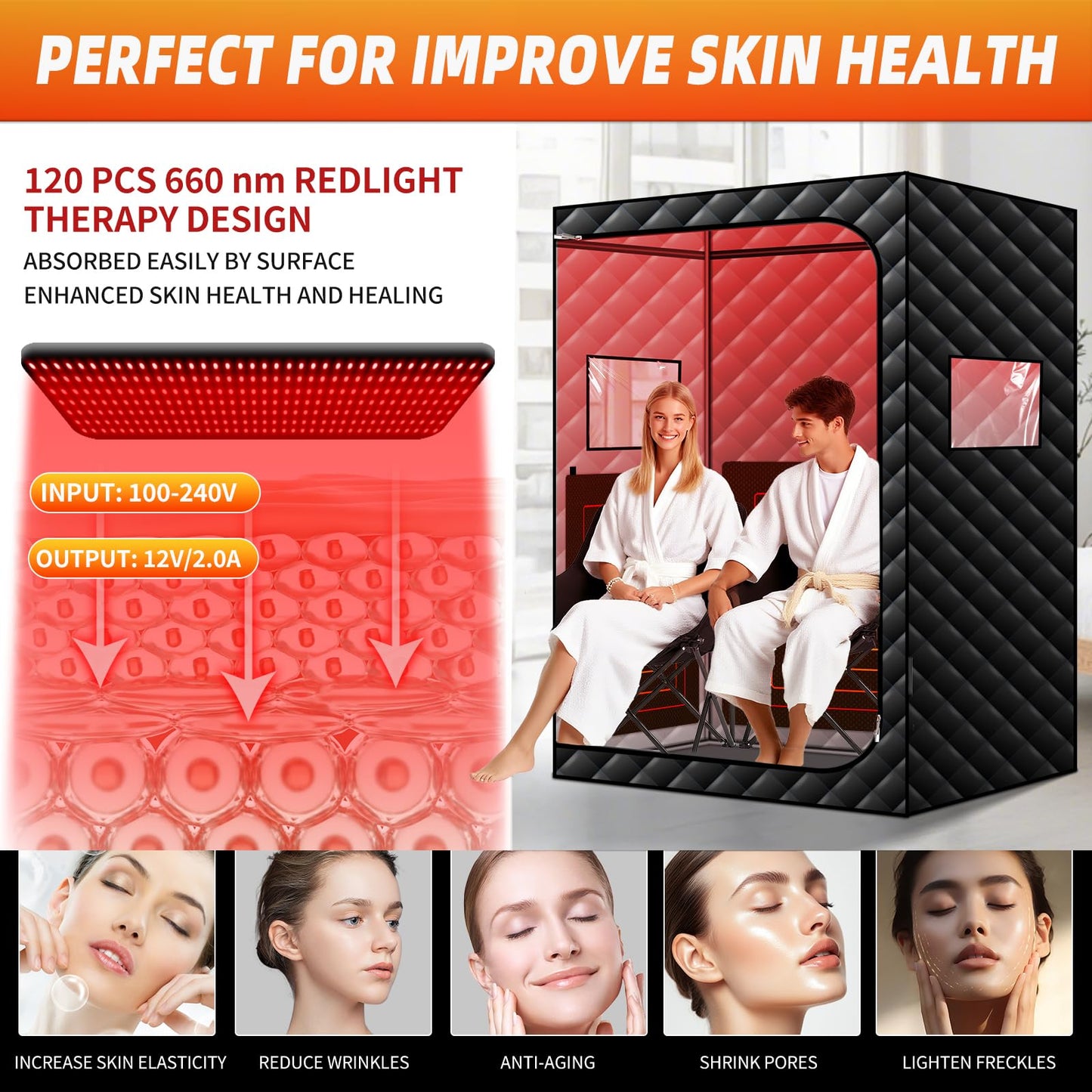AMOCANE Portable Infrared Sauna with 660nm Red Light Therapy Lamp, 2 Person Red Light Sauna Spa for Home, Full Body Personal Tent with 2 Large Chairs, Remote Control, Dry Heated for Gym/Pilates/Garage