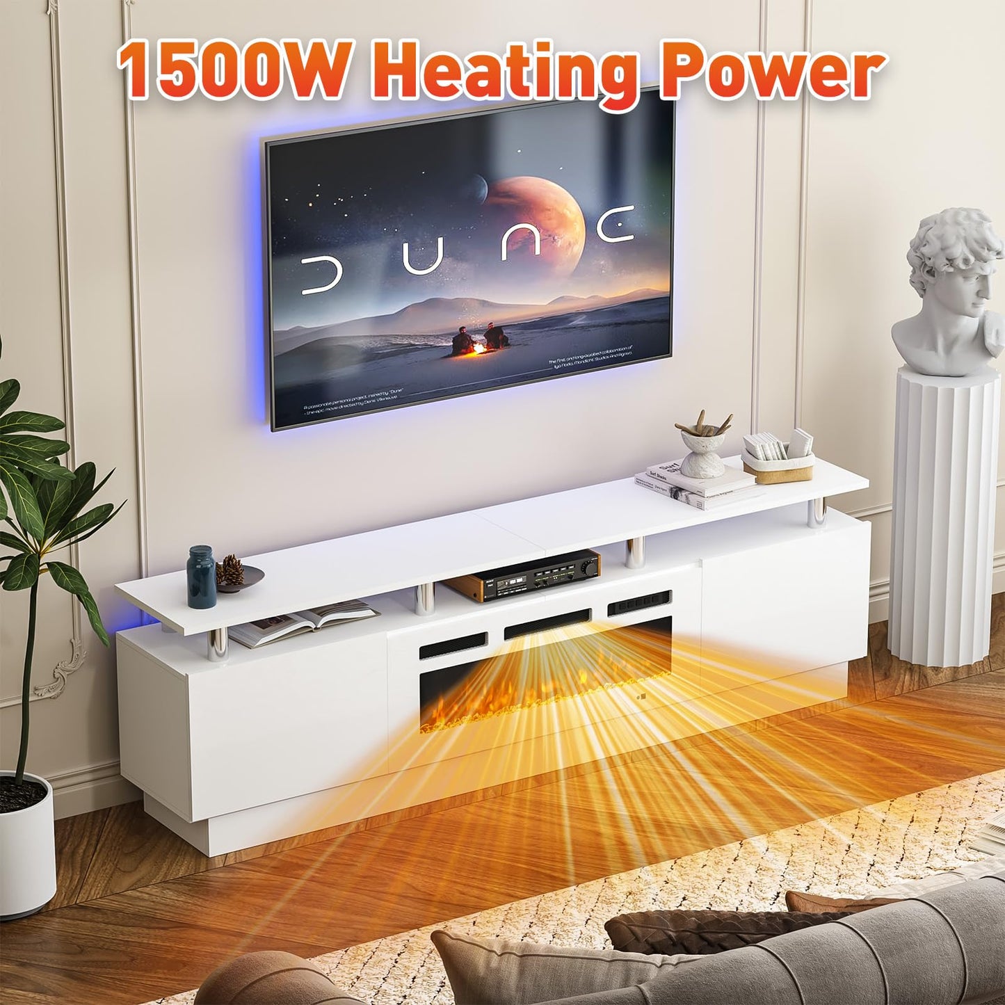 MXV 80" Fireplace TV Stand, Modern Entertainment Center & 36 Inch Electric Fireplace with Remote Control, LED Light, Fire Place Tv Stand for Living Room for TVs up to 90", White + White