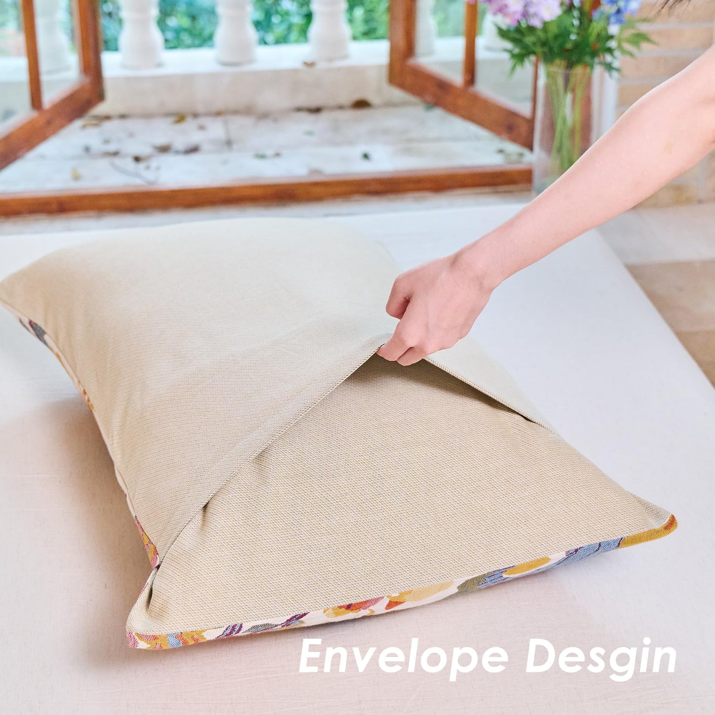 VANJOROY 100% Organic Washed Cotton Queen Pillowcases for Skin-Friendly Set of 2-1000 Thread Thick Count 20x30 Inches Luxury Boho Pillow Cases, Muslin Bird Floral Pattern Pillow Cover -Beige