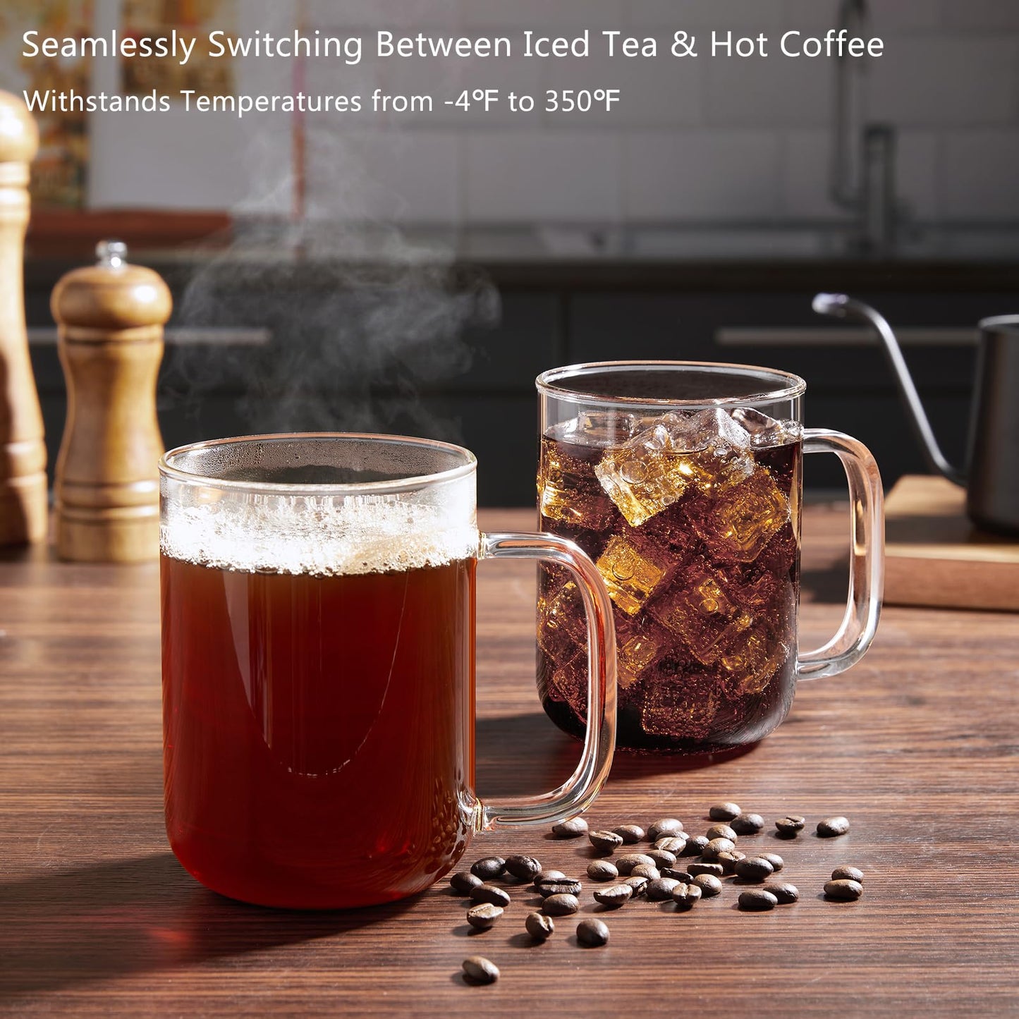 BWODYAY Glass Coffee Mugs, 20 oz Ice Coffee Cups Set of 4, Large Clear Tea Cups, Glass Mugs with Handles for Hot Beverages, Glass Cups for Latte, Cappuccino, and Tea