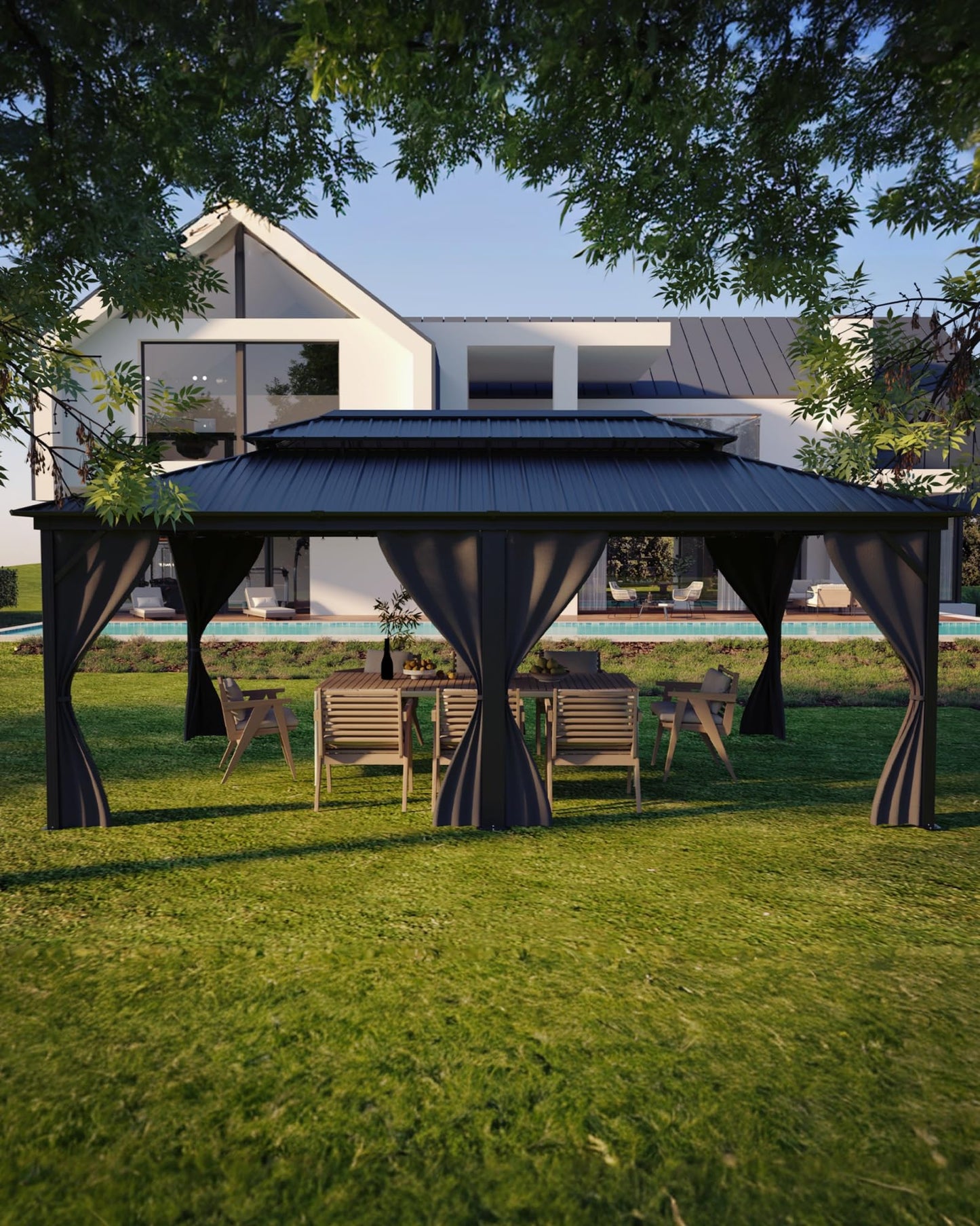 GarveeLife Outdoor Gazebo 12x18 Hardtop, Pergolas and Gazebos Clearance, Aluminum Frame Pavilion with Double Roof, Canopy Tent, Mosquito Netting & Privacy Curtains for Patio, Garden, Deck