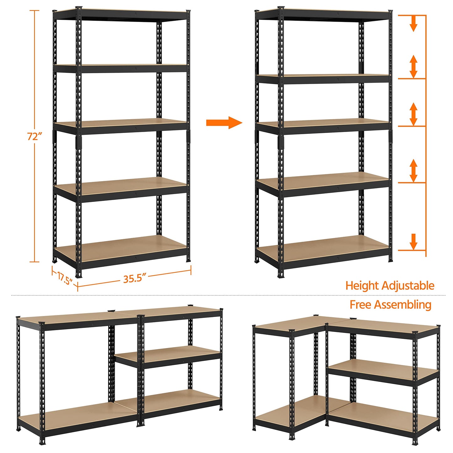 Yaheetech Standing Shelf Units 5 Tier Shelving Unit, 3 Pack Adjustable Garage Shelving Metal Shelving Unit Utility Rack Heavy Duty Industrial Shelving, 35.5″ L × 17.5″ W × 72″ H - Black