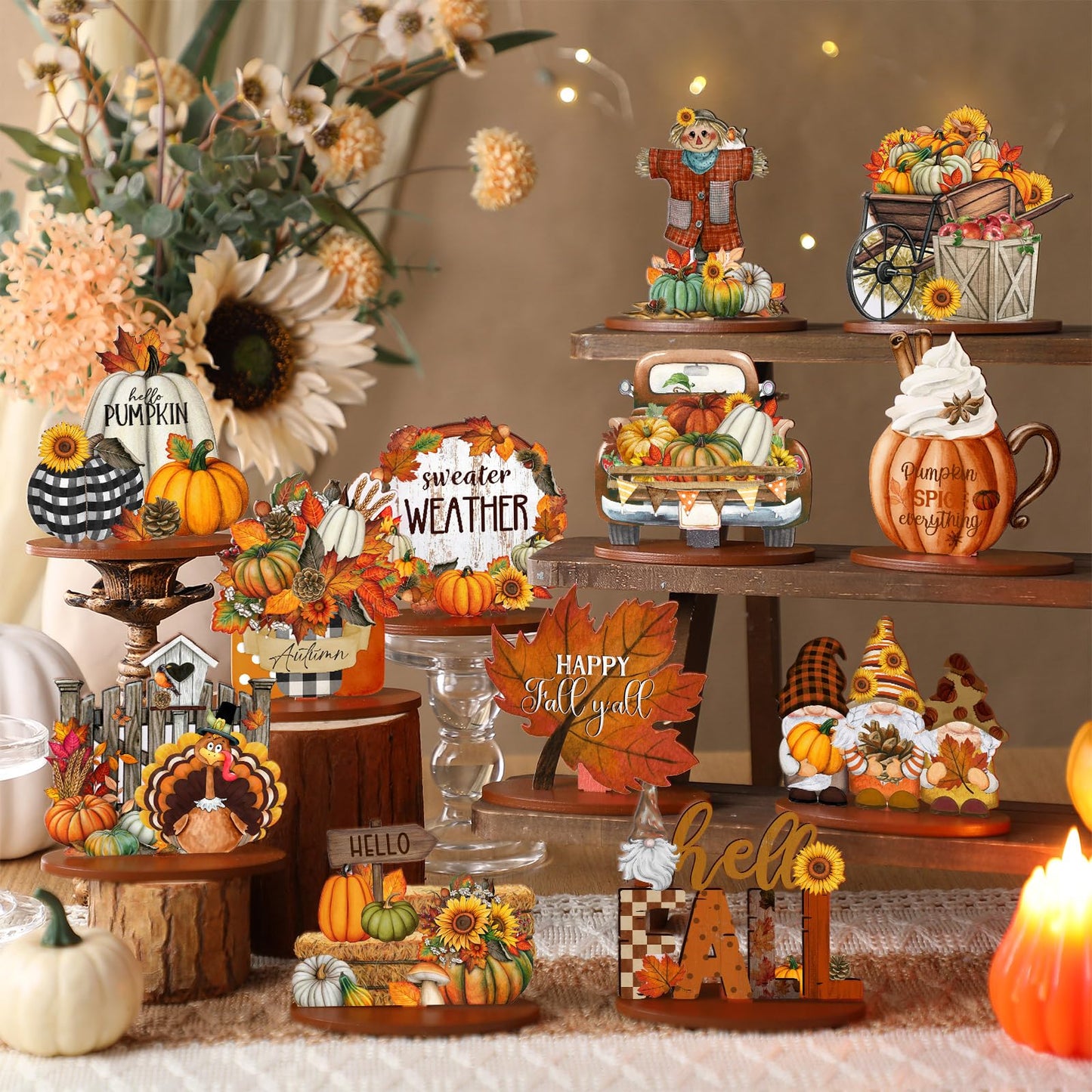 Leinuosen 12 Pcs Fall Table Decorations Thanksgiving Tiered Tray Decor Thanksgiving Centerpieces for Dinner Tables Autumn Gnome Maple Turkey Wooden Sign Fall Decor for Home Kitchen Shelf Farmhouse