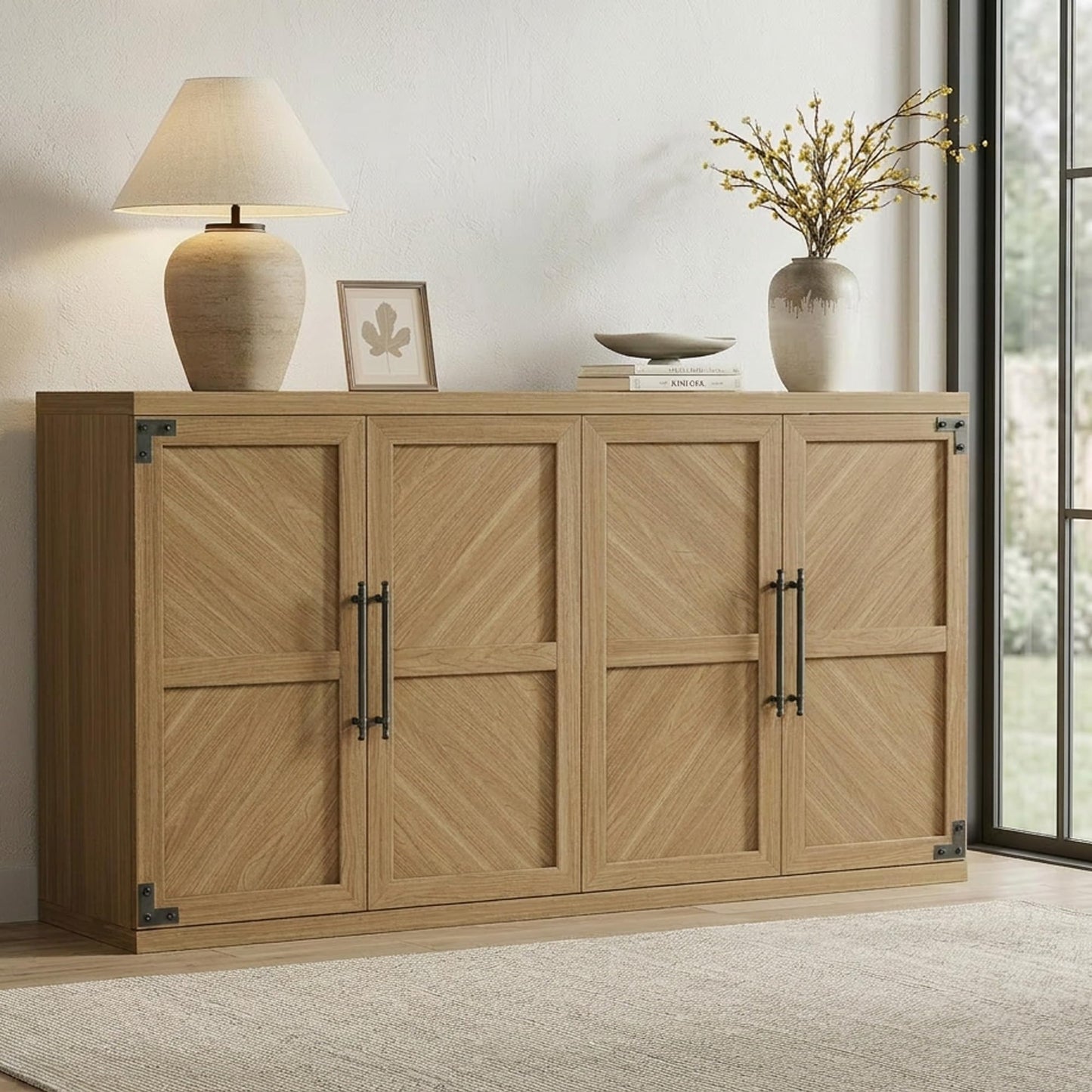 SICOTAS Buffet Cabinet with 4 Doors, Modern Sideboard Cabinet with Storage and Adjustable Shelves, Large Credenza Storage Cabinet (1, Oak Brown)