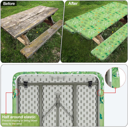 96in, Picnic Table Cover with Bench Covers Camping Essentials Waterproof Windproof Camping Tablecloth with Drawstring