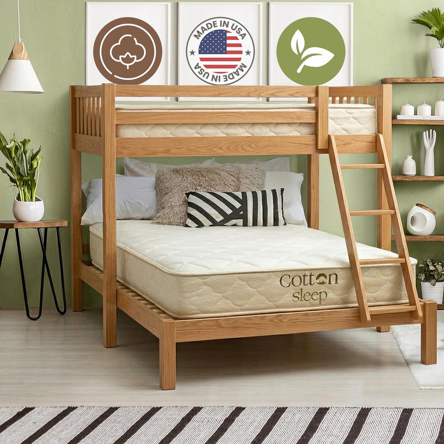 8" Twin Mattress for Bunk Bed, Trundle, Guest Bedroom - Organic Cotton, Wool & Latex Hybrid with Pocket Coils - Fiberglass-Free, No Polyfoam, No Toxic Flame Retardants - Low Profile – Twin