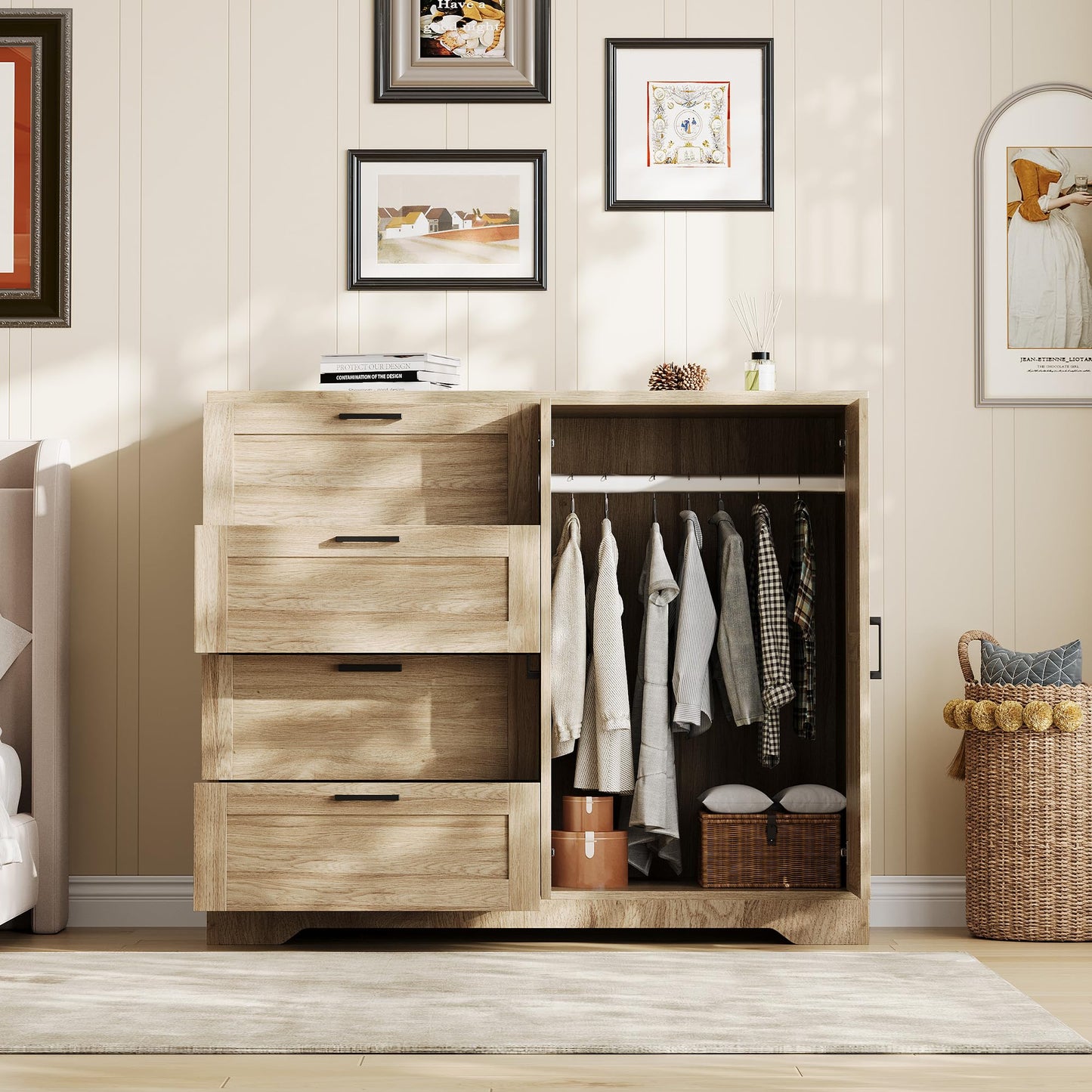 GarveeHome Multifunctional Wooden Dresser for Bedroom, 43.3 in H 2 Door Wardrobe Armoire Closet with 4 Drawers and Hanging Rod, Low Storage Cabinet for Hanging Cloth, Natural Oak