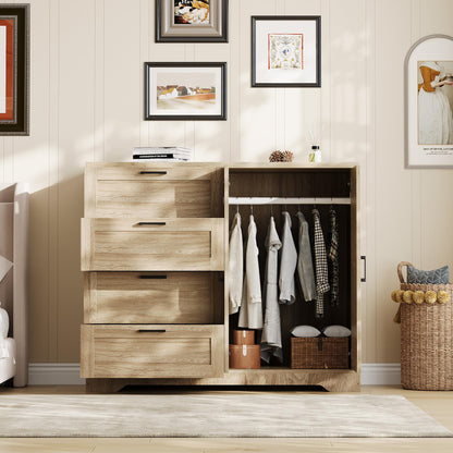 GarveeHome Multifunctional Wooden Dresser for Bedroom, 43.3 in H 2 Door Wardrobe Armoire Closet with 4 Drawers and Hanging Rod, Low Storage Cabinet for Hanging Cloth, Natural Oak