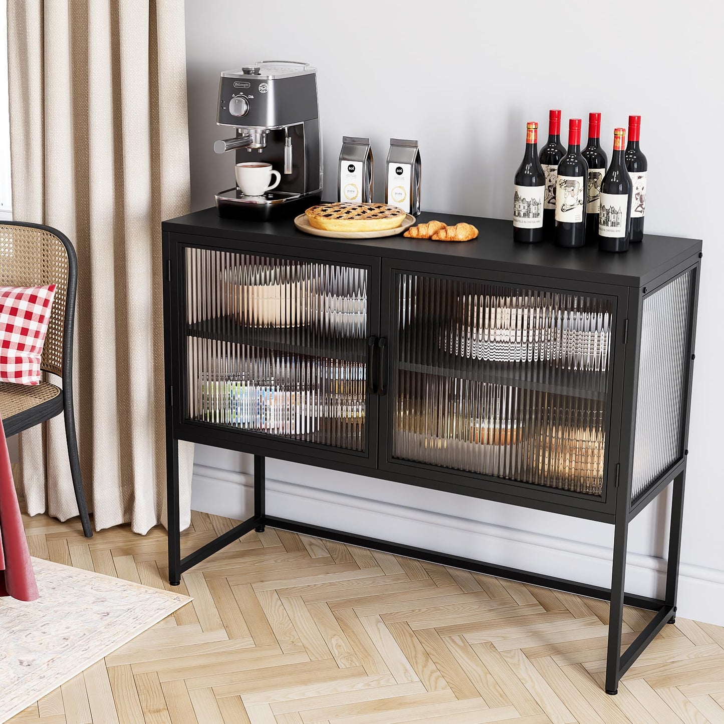 GAOMON Buffet Cabinet with Glass Doors, Sideboard with Adjustable Shelves, Freestanding Storage Cabinet for Kitchen, Living Room, Dining Room, Black
