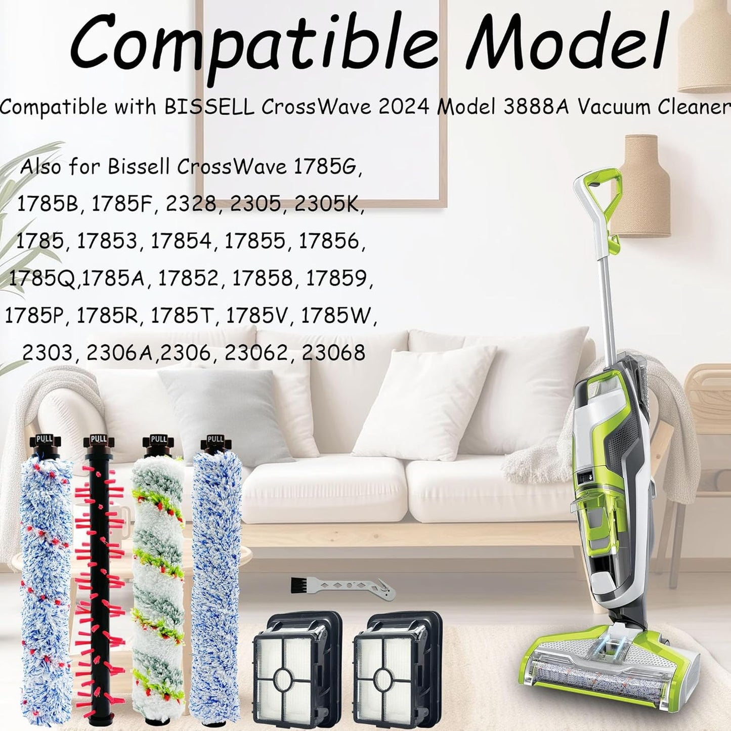 Replacement Parts for Bissell CrossWave 2024 Model 3888A, 4 Brush Rolls, 2 Filters, 1 Cleaning Brush