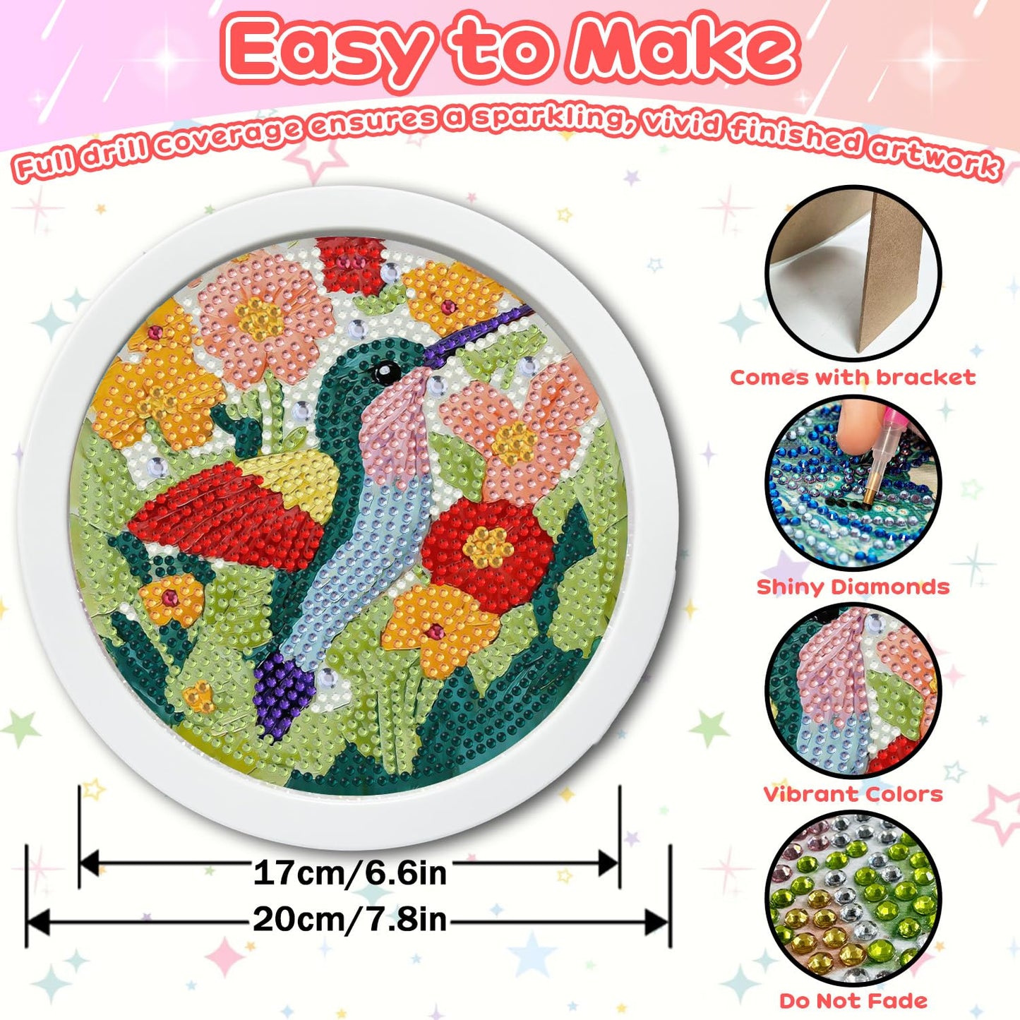 Foxonaut Hummingbird Diamond Art for Kids with Frame, Easy Diamond Art Painting Kits Ages 6-8-12, DIY Gem Art for Kids,Art and Crafts for Girls Boys Gift (7x7inch)