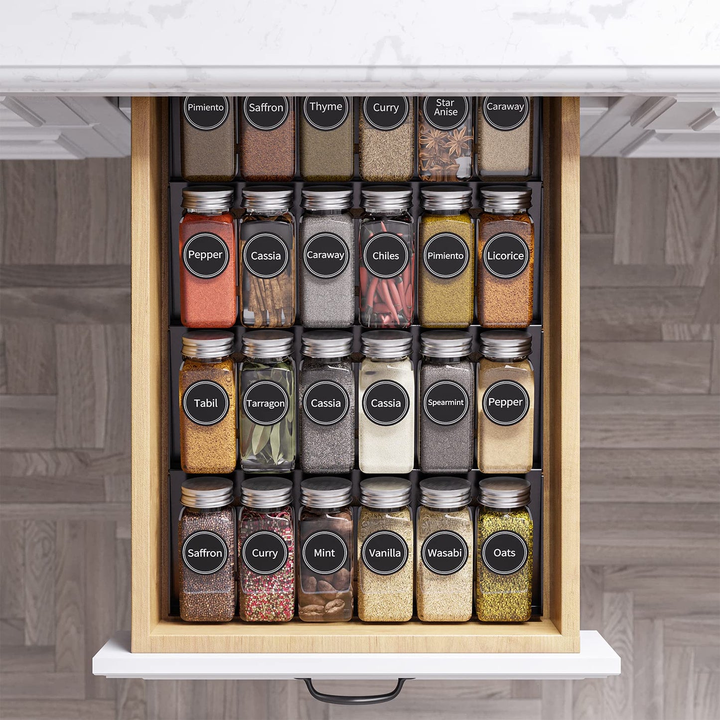 SpaceAid 24 Pcs Spice Jars with Labels, Empty 4oz Glass Spice Bottles, Minimalist Farmhouse Spice Labels Stickers with Funnel, Seasoning Containers for Spice Rack, Cabinet and Drawer