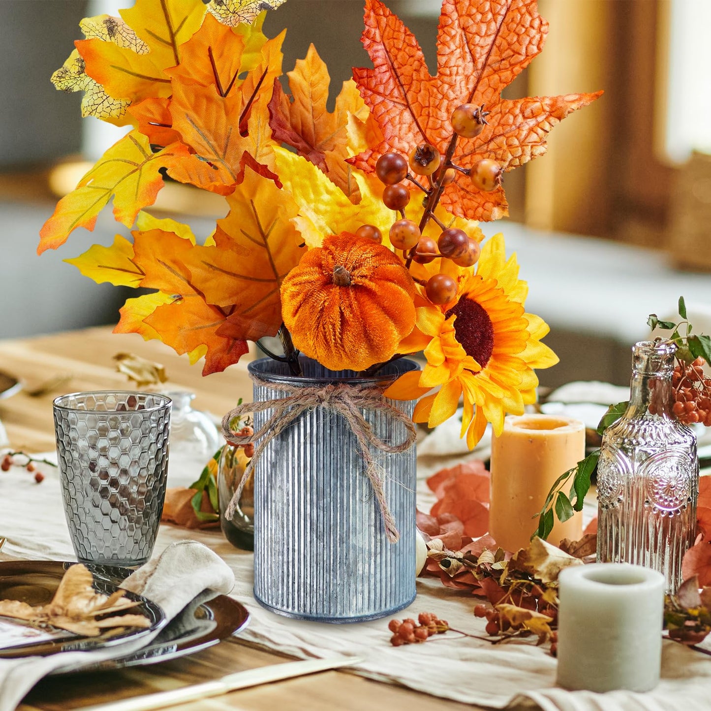 Winlyn 3 Pack Fall Faux Potted Plants Rustic Thanksgiving Floral Arrangements Artificial Fall Harvest Maple Leaf Picks in Metal Pots for Kitchen Home Autumn Wedding Table Centerpieces Mantel Decor