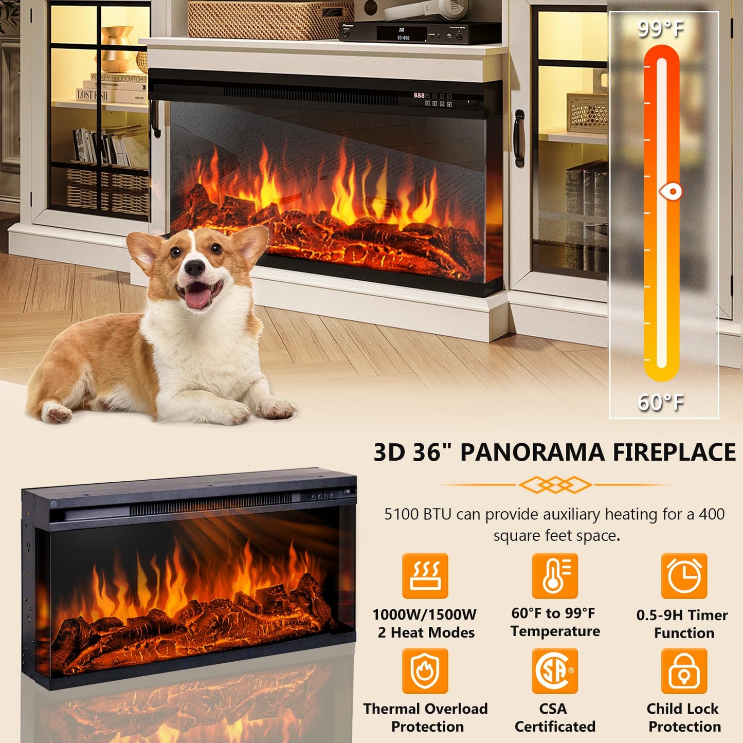 OneBlis 80" Fireplace TV Stand with 3-Sided Glass, TV Cabinet for TVs up to 90", Modern Media Entertainment Center with Farmhouse Glass Door Storage Cabinets, for Living Room, White