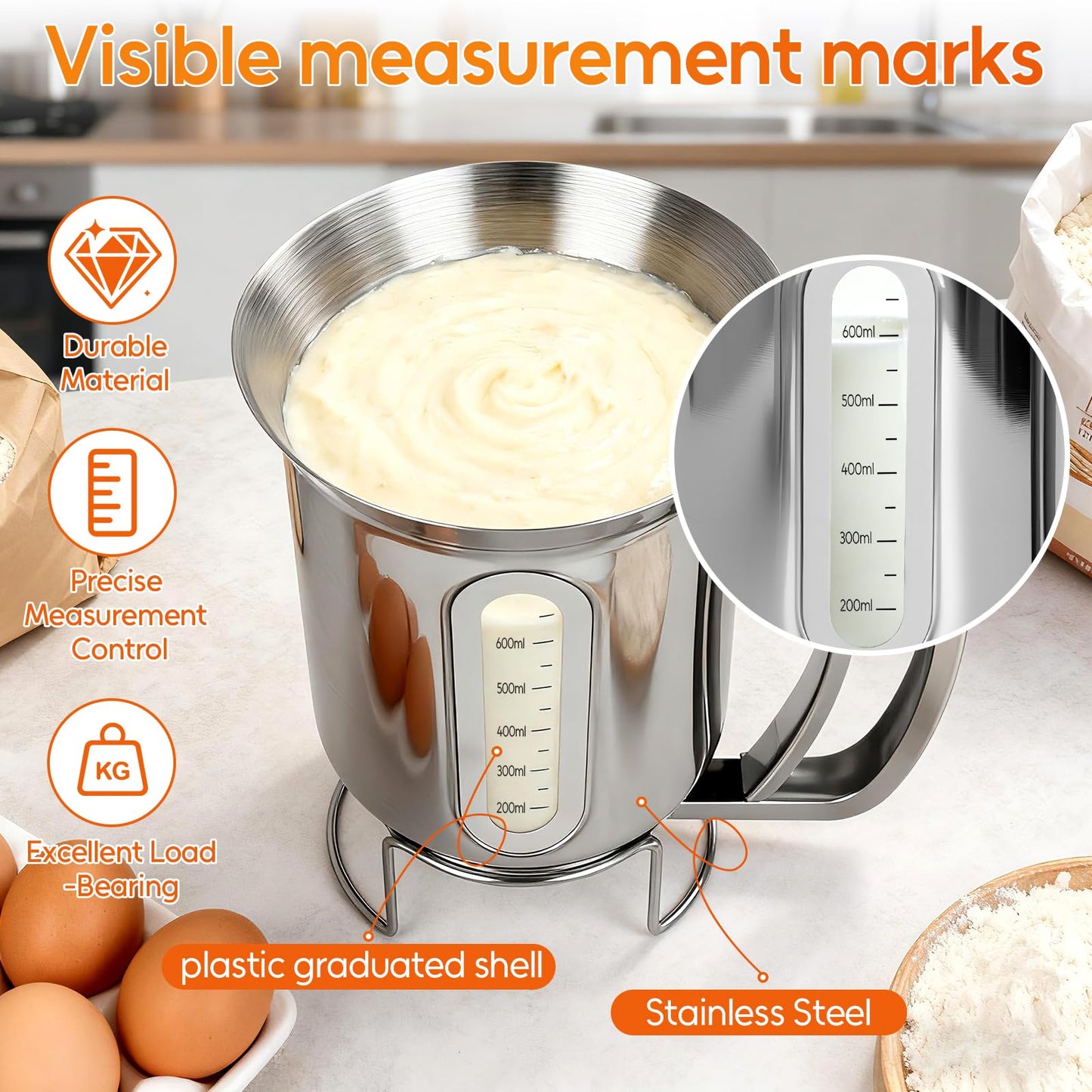 32oz 900ml Pancake Batter Dispenser, Stainless Steel Batter Dispenser with Handle, Visible Scale, Pancake Mix Dispensers for Funnel Cake, Pancakes, Cupcakes, Waffles, Crepes