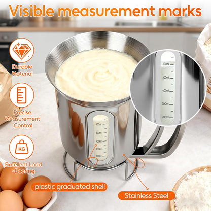 32oz 900ml Pancake Batter Dispenser, Stainless Steel Batter Dispenser with Handle, Visible Scale, Pancake Mix Dispensers for Funnel Cake, Pancakes, Cupcakes, Waffles, Crepes