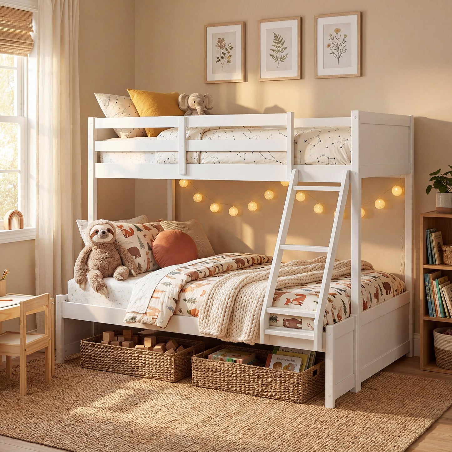 KOMFOTT Twin Over Full Bunk Bed, Pine Bed Frame with 3-Step Ladder, Full-Length Guardrails & 21 Wooden Support Slats, Solid Wood Bunk Bed for Teens, Kids, Adults, Dorms and Apartments (White)