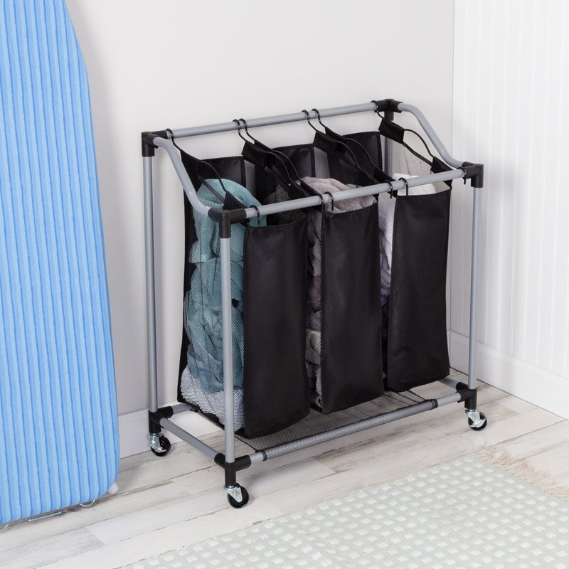 Honey-Can-Do Triple Laundry Sorter with Mesh 3 Bags, Steel/Black, 30.75" x 15" x 32.75"
