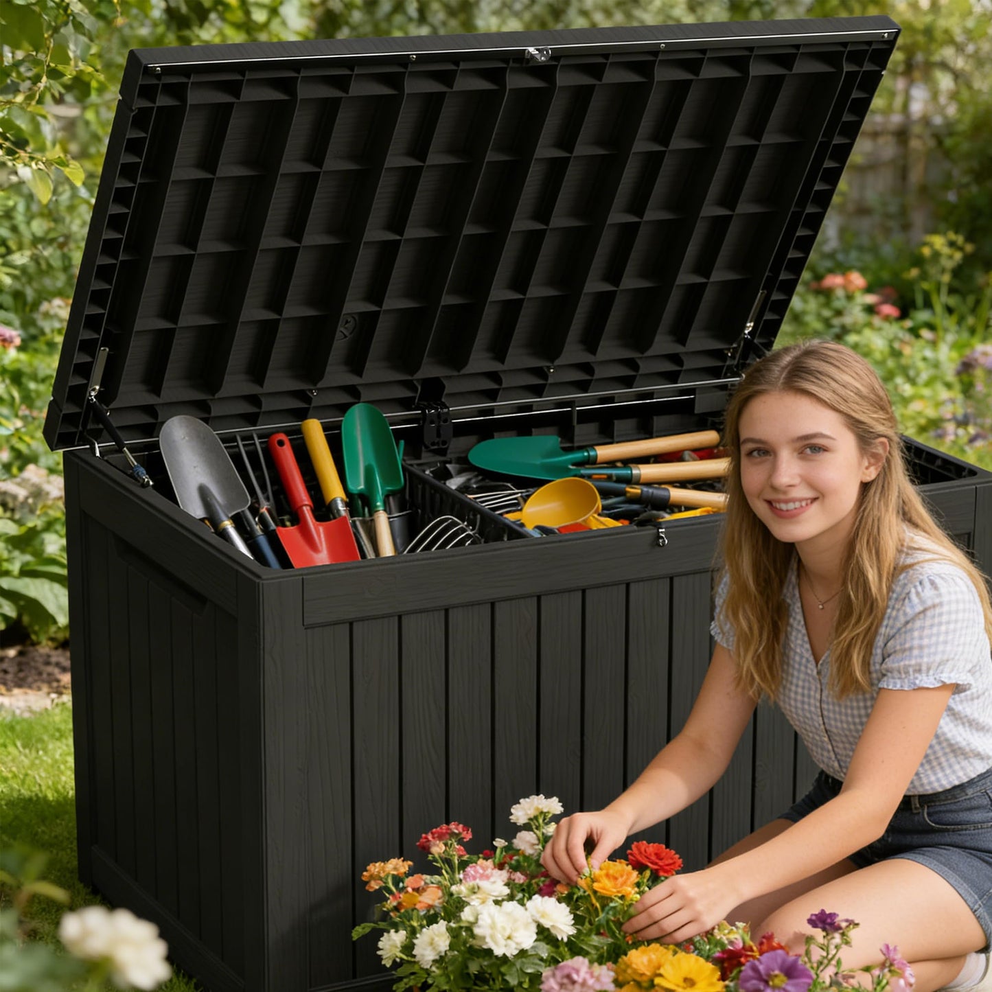 Decksplore 270 Gallon Outdoor Storage Box Resin Deck Box All Weather Waterproof Large Lockable Storage Container Deck Box for Patio Furniture, Garden Tools, Lockable, Black