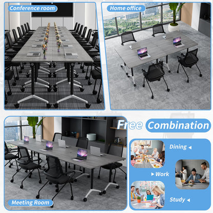 Folding Conference Table, Conference Room Tables with Wheels Foldable Large Rectangle Meeting Seminar Table for 6-12 People, Flip Top Mobile Training Table for Office Classr (4, Gray, 55.1in)