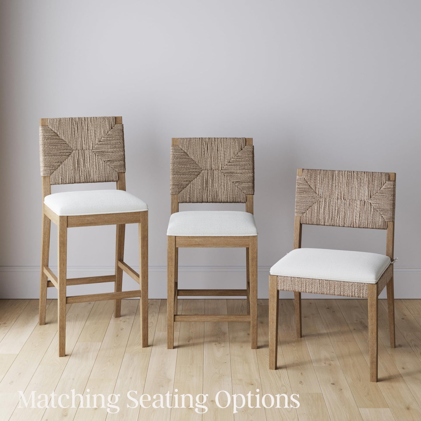 Beacon Boho Dining Chair Set of 6, Boucle Dining Chair with Seagrass Accent and Solid Wood Legs, Cream Boucle/Light Brown