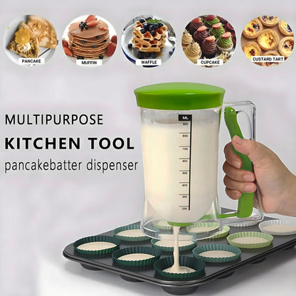 SoKalChw Pancake Batter Dispenser with Measuring Label, 4 Cup Capacity, 900ml With Squeeze Handle Kitchen Dispenser Bottle for Pancakes, Waffles, Muffins, Green