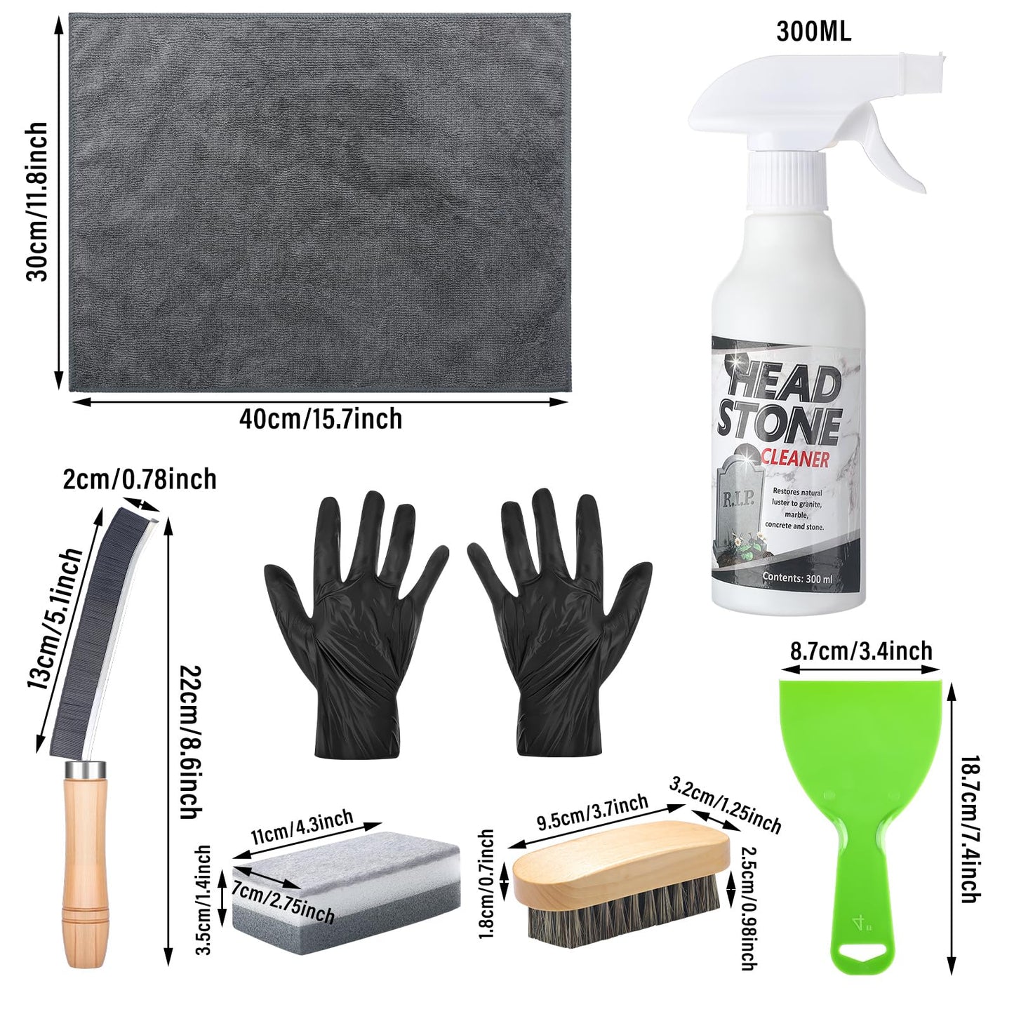 Mixweer 8 Pcs Headstone Cleaner Kit for Grave Cemetery Cleaning Granite and Stone Daily Cleaner Includes Spray Cloth Bristle Crevice Brush Scrub Brush Cleaning Sponge Disposable Gloves Plastic Scraper