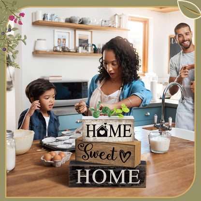 Briwooody 4 Pcs Farmhouse Wooden Table Decor Reversible Sweet Home Tiered Tray Decor Rustic Eucalyptus Leaves Wood Block Sign Gifts for Home Table Kitchen Shelf Decoration