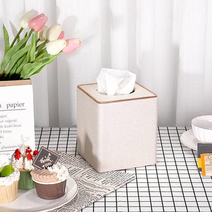 Sumnacon Square Linen Tissue Box Cover - Stylish Cube Tissue Box Holder with Magnetic Bottom, Decorative Tissue Box for Vanity Toilet Tank Dresser Night Stand Table Countertop Office Car, Beige