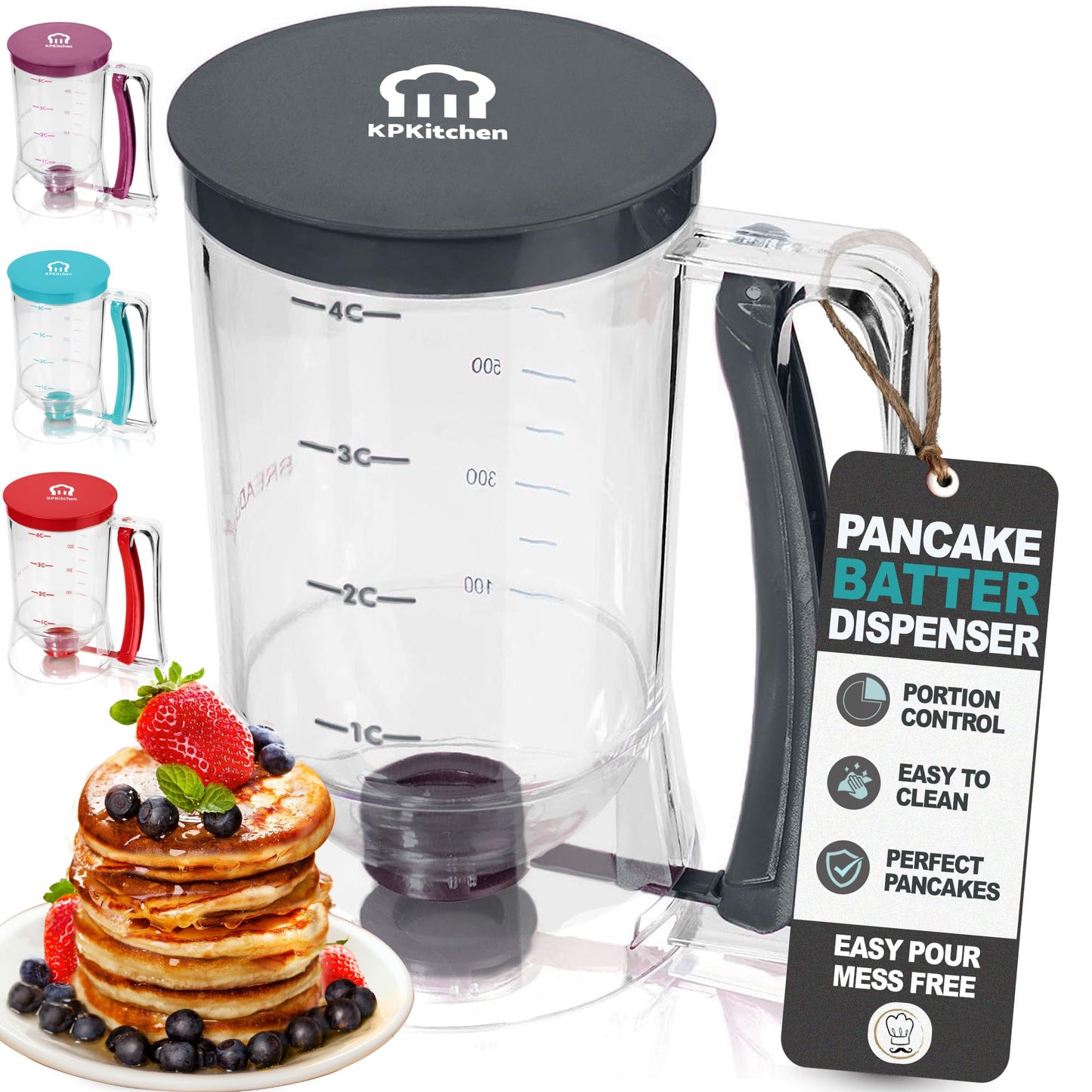 Pancake Batter Dispenser - Kitchen Must Have Tool for Perfect Pancakes, Cupcake, Waffle, Muffin Mix, Cake & Crepe - Easy Pour Baking Supplies for Griddle - Pancake Maker with Measuring Label (Black)