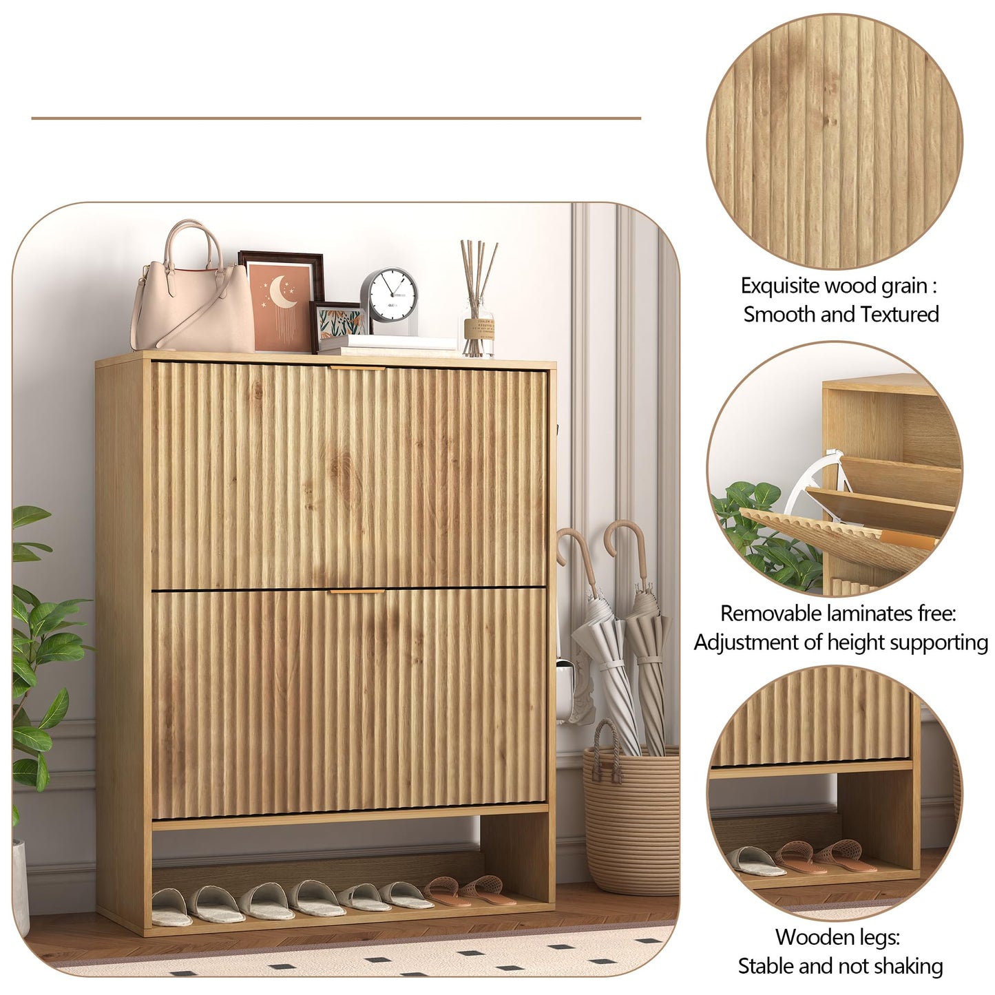 GarveeHome Set of 2 Fluted Shoe Cabinets for Entryway, Slim Freestanding Shoe Storage with Flip Drawers, Open Shelf & Side Hooks, Narrow Shoe Organizer Cabinets for Hallway or Family Entryway, Oak