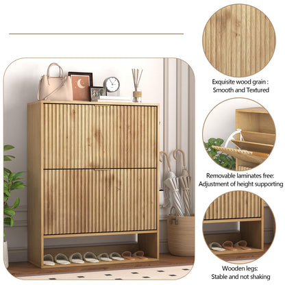 GarveeHome Set of 2 Fluted Shoe Cabinets for Entryway, Slim Freestanding Shoe Storage with Flip Drawers, Open Shelf & Side Hooks, Narrow Shoe Organizer Cabinets for Hallway or Family Entryway, Oak