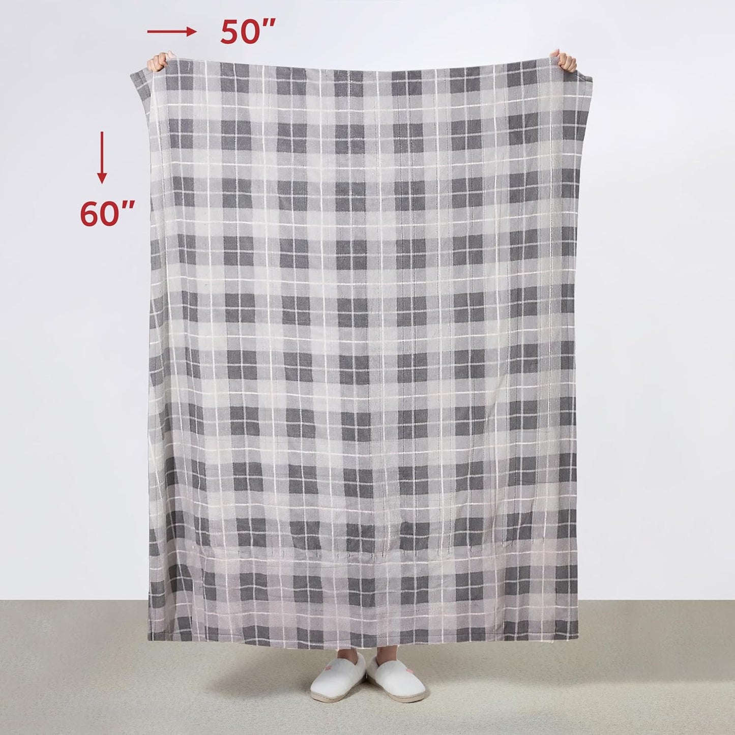 Sunbeam Electric Throw Royal Luxe Microplush Heated Blanket, 4 Heat Settings, 4-Hour Auto Shut-Off, Fast Heating, Warm and Cozy, Grey Rodeen Plaid, 50" x 60"